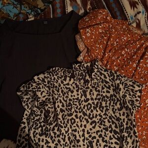 Black, Rust Floral & Leopard Print Blouse Set